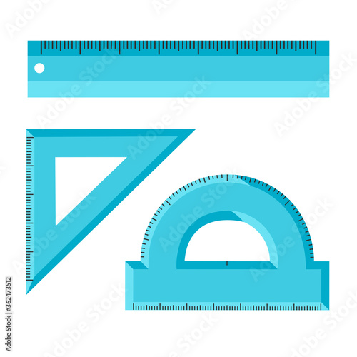 Set of measuring scale tools ruler, triangle, protractor school instruments isolated on white background. Vector flat illustration. Metric system of measurements. Instrument ruler for measure