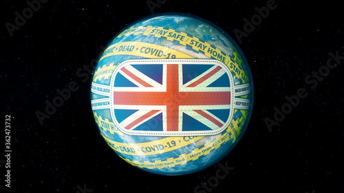 Yellow Warning Tape the United Kingdom put mask to fight to fight against coronavirus