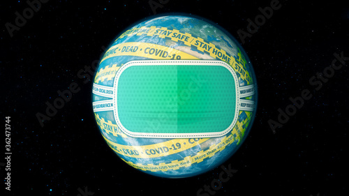 Yellow Warning Tape the World put mask to fight to fight against coronavirus