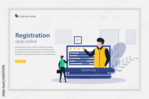 Illustration vector of Registration desk online concept with the receptionist. people booking hotel accommodation on website. Tourists check-in service, reception desk. online booking service.