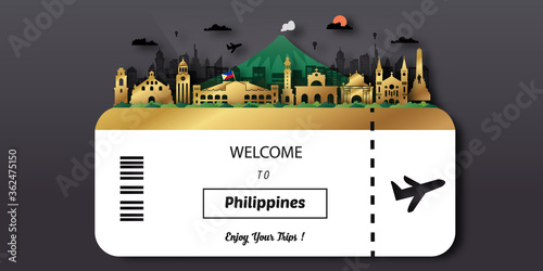 Philippines Travel postcard, poster, tour advertising of world famous landmarks. Vectors illustrations