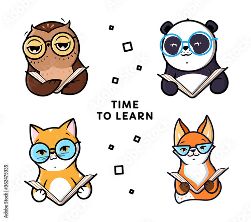 Set of logo Animals reads Book. Characters: panda, fox, cat, owl for education