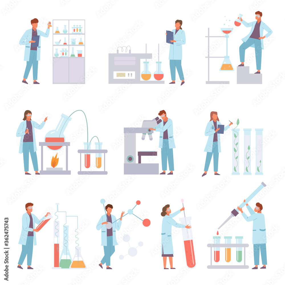 Scientists biochemical conduct laboratory experiments set. Data microscopy biodistillation titration checking molecular structure coronovirus color vaccine researcher statistics plant. Vector flat. Scientists biochemical conduct laboratory experiments set. Data microscopy biodistillation titration checking molecular structure coronovirus color vaccine researcher statistics plant. Vector flat.