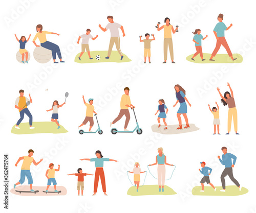Family active sport set. Mother daughter play badminton sit fitness ball jump rope rollerblading jogging morning father son skateboarding playing football lifting dumbbells. Sporty vector cartoon.