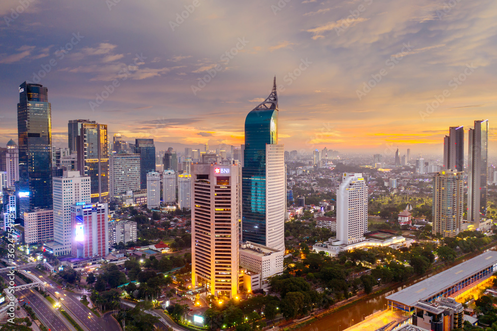Jakarta cityscape with office buildings at sunrise