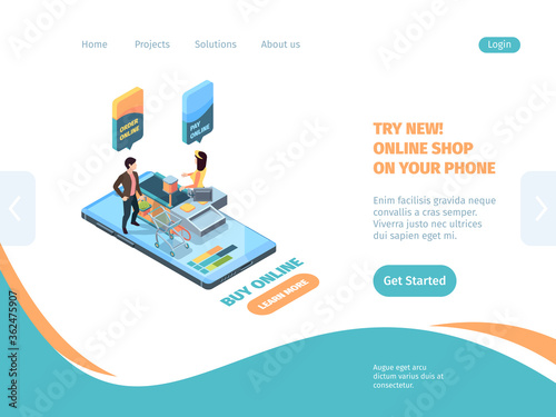 Online store landing page shopping smartphone isometric. Concept web orders store using smartphone payment to courier upon receipt commercial retail via Internet. Business isometric vector.