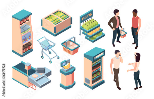 Supermarket isometric equipment set. coffee cans shopper with basket seller consultant cash desk computer conveyor belt self service point bananas on scales freezer food cabinet Vector isometric.