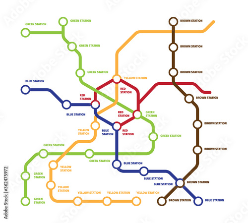 Map metro template illustration. Highspeed subway large number stations five multi kilometer directions each line highlighted with its own color concept modern underground travel. Vector clipart.
