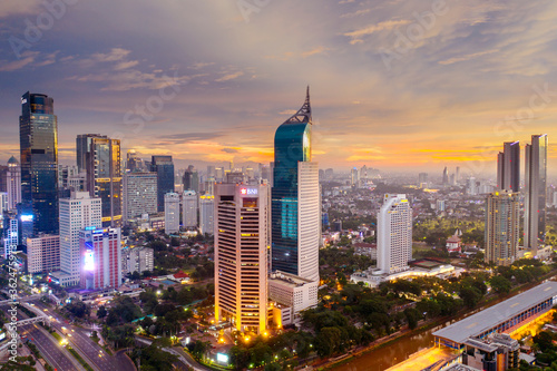 Jakarta cityscape with office buildings at sunrise