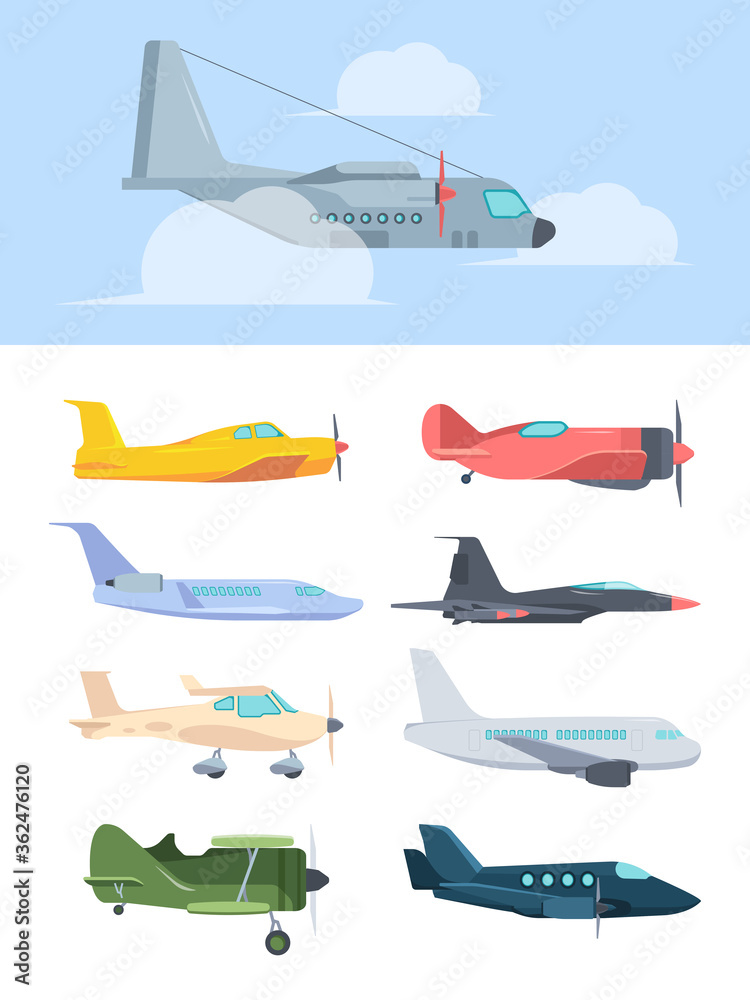 Airplanes stylish set. Big passenger liners cargo plane retro propeller  corncob super powerful combat fighter small high speed private jet  golfstream compact training aircraft. Color cartoon vector. Stock Vector |  Adobe Stock