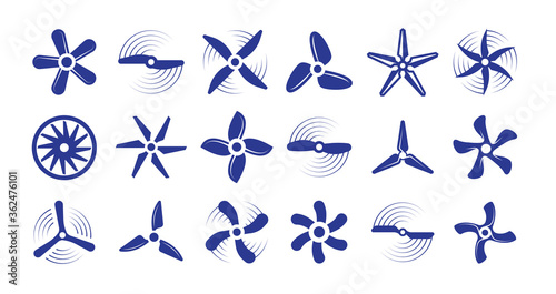 Propellers large set. Retro modern coolers turbine rotary helicopter blades airplanes turbulence stylish ventilation cooling systems graphic power air flow ship rotation energy. Vector aerial. photo