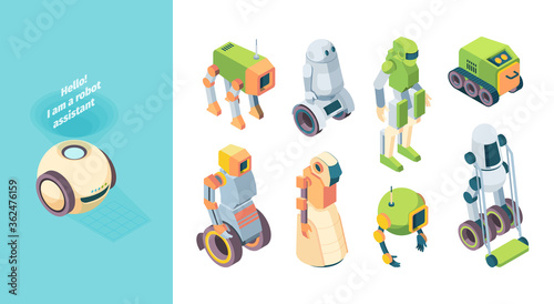 Robots assistant future isometry set. Robotic humanoid green house floor cleaner track incinerator on wheels robopes artificial intelligence guard order help fantastic. Helper vector.
