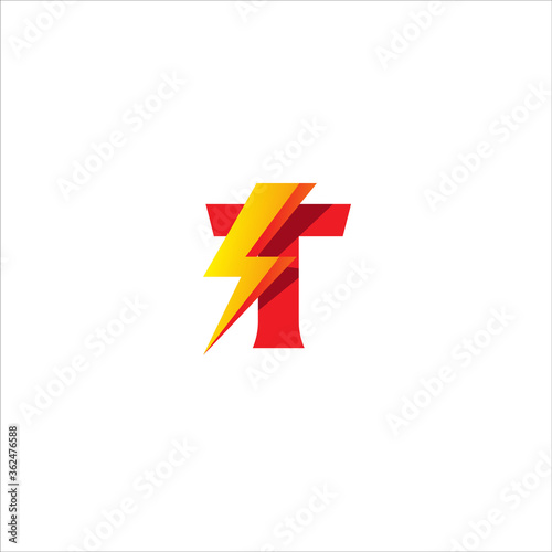 T Letter Initial Logo Design Template Isolated On White Background. Alphabet with Thunder Shape Logo Concept. Hot Red and Yellow Orange Gradation Color Theme.