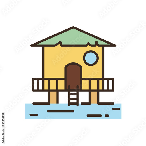 Travel. Water bungalow icon. Vector illustration of a colored house on the water with a staircase