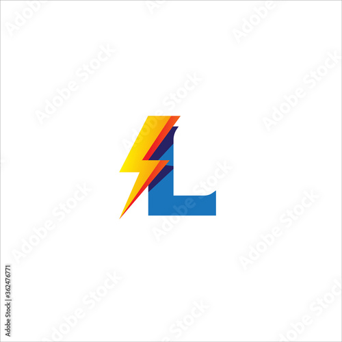 L Letter Initial Logo Design Template Isolated On White Background. Alphabet with Thunder Shape Logo Concept. Blue and Yellow Orange Gradation Color Theme.