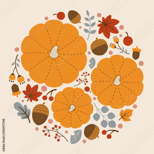 Vector Circular Background Illustration with Pumpkins, Autumn Leaves, Nuts, Acorns, and Berries
