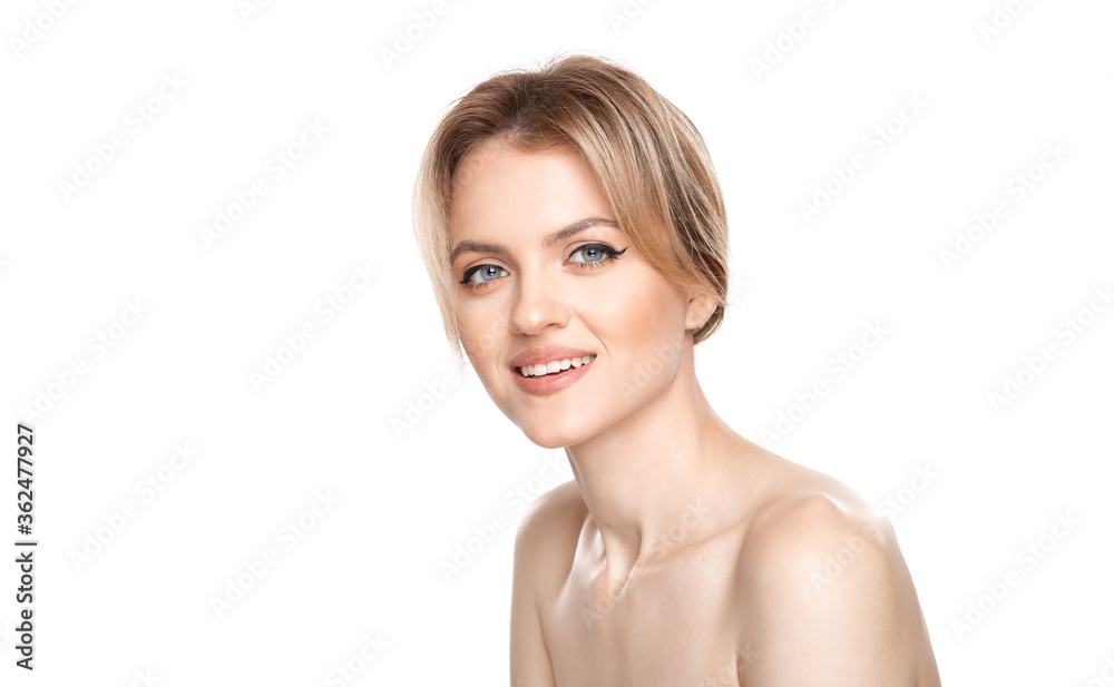 smiling beautiful young girl with health skin on isolated white background smiling beautiful young girl with health skin on isolated white background