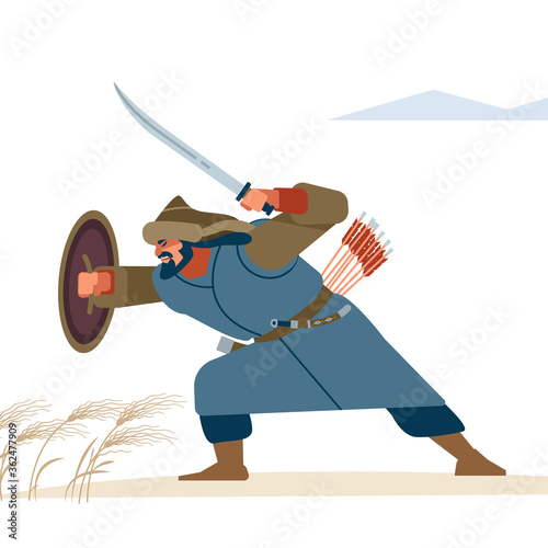 Warrior in posie protection in battle. Historical illustration. Isolated vector flat illustration.