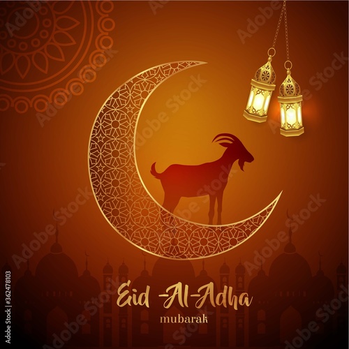 Eid Al Adha Mubarak the celebration of Muslim community festival background design with goat, crescent, and lanterns.Vector Illustration