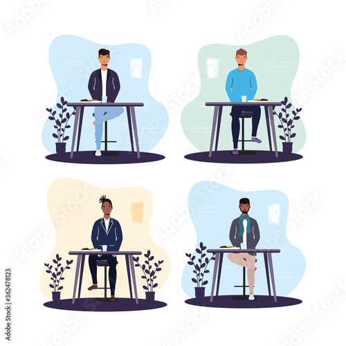 interracial men dinning in restaurant practicing social distancing ,covid19 prevention method