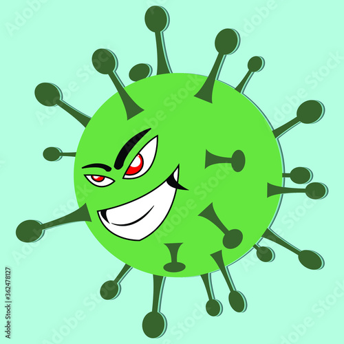 Cartoon illustration of the Corona virus character smirking with green color, isolated on a smooth blue background.