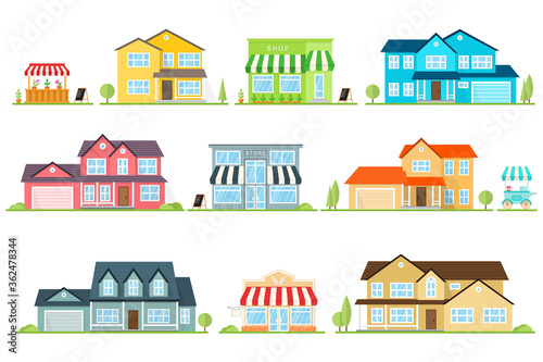 Vector flat icon suburban american house and street store For web design and application interface, also useful for infographics. Family house icon isolated on white background.