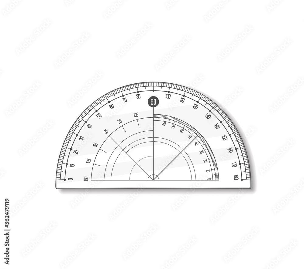 Protractor angle degree round ruler. Vector math geometry transparent plastic school and office accessories. Radian-scale. Graphic realistic illustration Protractor angle degree round ruler. Vector math geometry transparent plastic school and office accessories. Radian-scale. Graphic realistic illustration