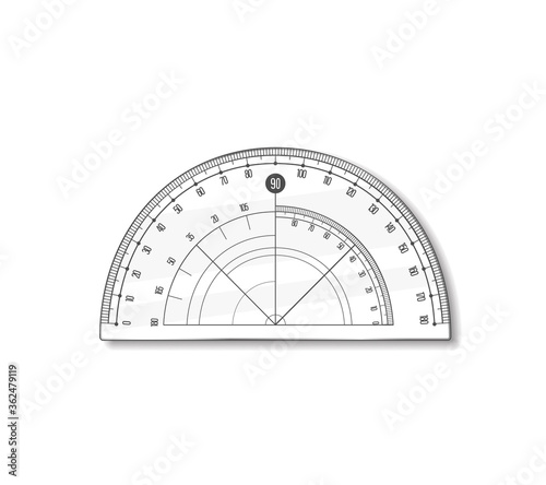Protractor angle degree round ruler. Vector math geometry transparent plastic school and office accessories. Radian-scale. Graphic realistic illustration