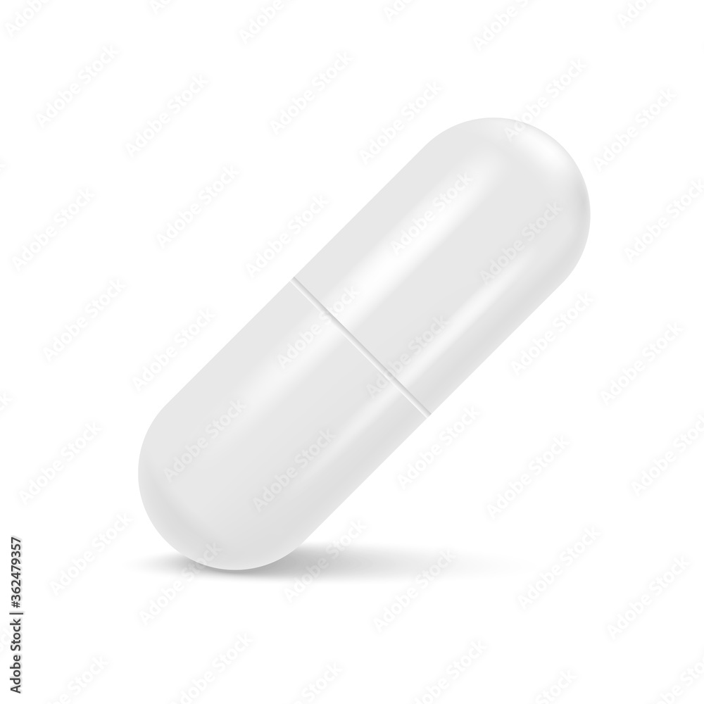 Realistic 3d white medical pill with soft shadow. Vector