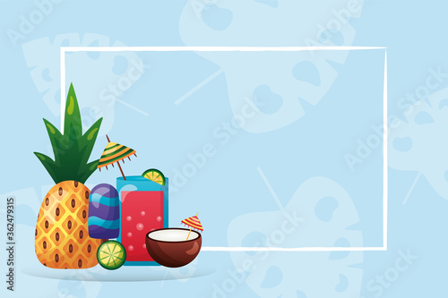 juice ice cream pineapple lemon and coconut cocktail with frame vector design