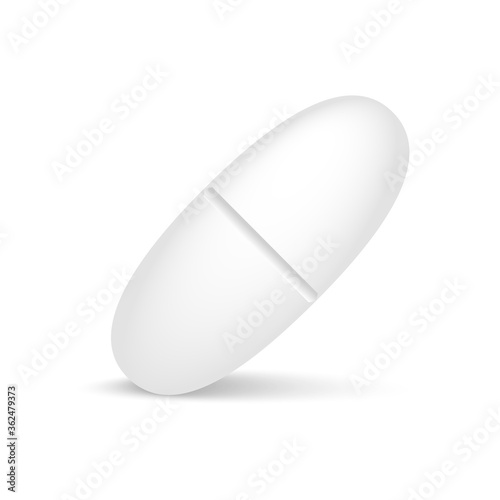 Realistic 3d white medical pill with soft shadow. Vector