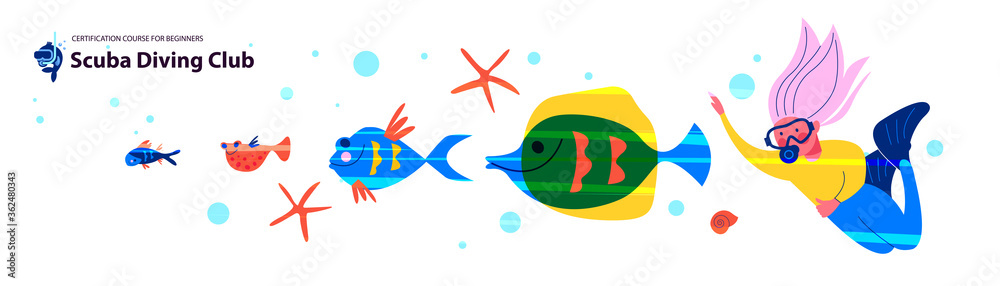 Naklejka premium Diving. Extreme sport. Underwater swimming. Girl diver and exotic fish and underwater world. Vector illustration.