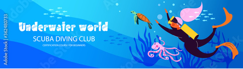 Diving. Extreme sport. Underwater swimming. Girl diver and exotic fish and underwater world. Vector illustration.