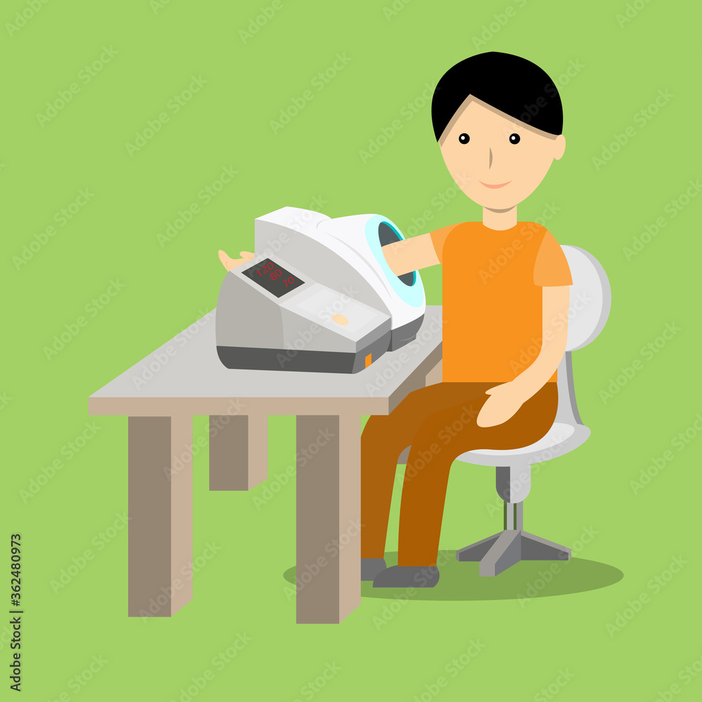 The patient is measuring the pressure with an Automatic Blood Pressure Monitor vector The patient is measuring the pressure with an Automatic Blood Pressure Monitor vector
