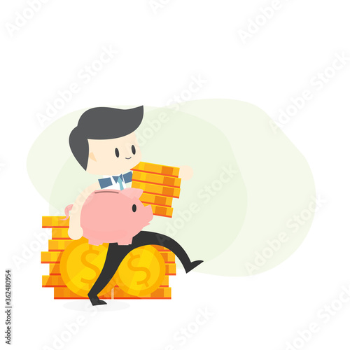 Smart Businessman sit on money coin hold piggy bank with a pile of coins,investment concept