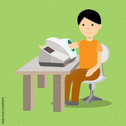 The patient is measuring the pressure with an Automatic Blood Pressure Monitor vector