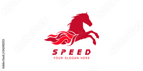 Horse speed logo with fire effect vector design red.