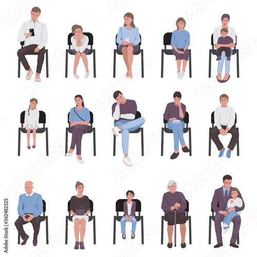 Adults and children sitting on chairs. Vector set