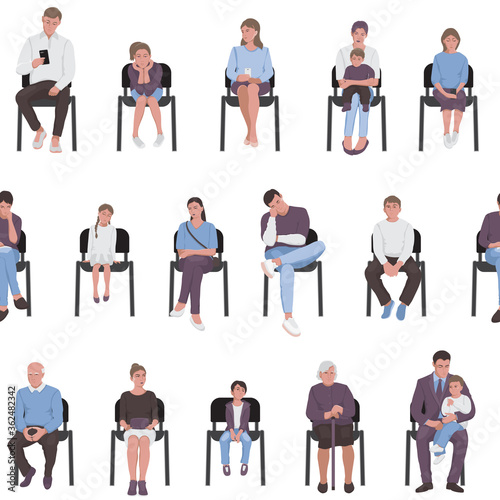 Adults and children sitting on chairs seamless pattern