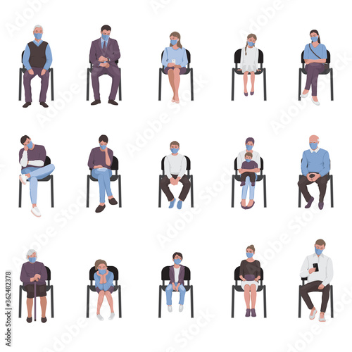 Social distancing of adults and children sitting on chairs i and waiting in the queue