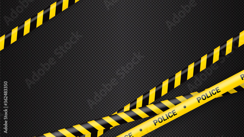 Police tape, crime danger line. Caution police lines isolated. Warning tapes. Set of yellow warning ribbons. Vector illustration on dack transparent background.