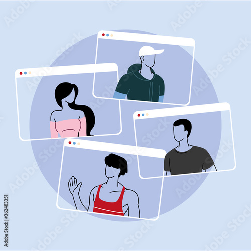 group of people talking in videocall conference, social distancing
