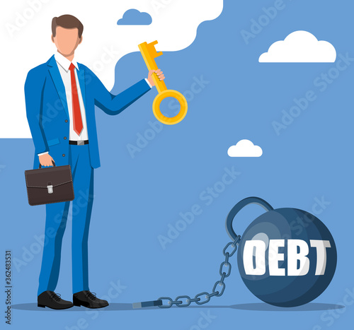 Businessman with key opens debt weight chain. Big heavy debt weight with shackles and business man in suit. Tax burden, financial crime, fee, crisis and bankruptcy. Vector illustration in flat style