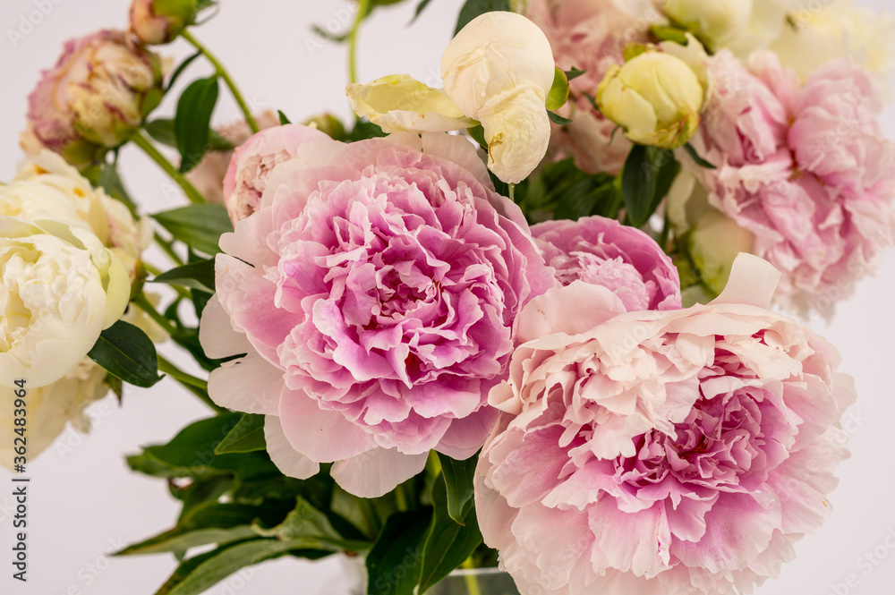 Lovely flowers in glass vase. Beautiful bouquet of pink peonies . Floral composition, scene, daylight. Wallpaper isolated Lovely flowers in glass vase. Beautiful bouquet of pink peonies . Floral composition, scene, daylight. Wallpaper isolated