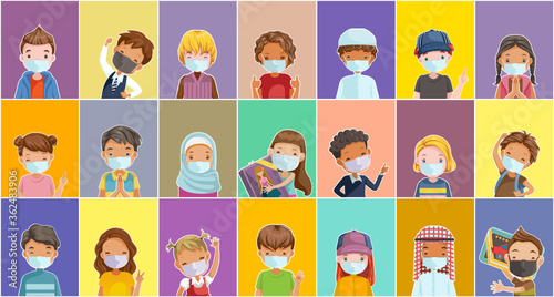 Child mask for new normal concept. Children different nationalities characters. Cute cartoon different and various ethnicities. Fashion and hairstyles of children. Kid poses and emotions. 