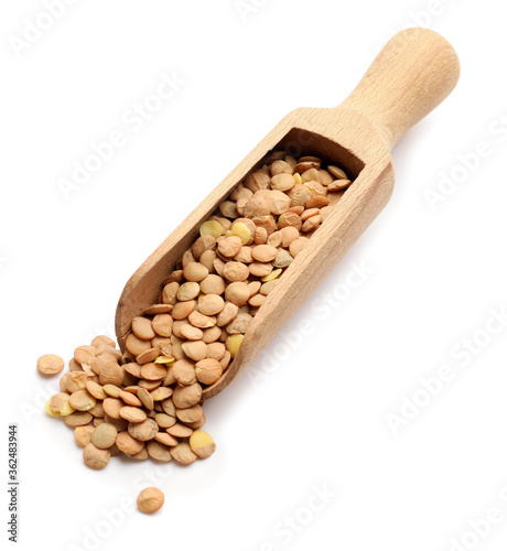 Raw lentils in scoop on white background