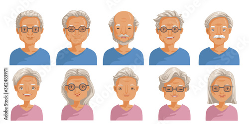 Elderly face set. Elderly  head and hairstyles character creation. Eye, mouth, nose, eyebrows, glasses and hairstyles. 