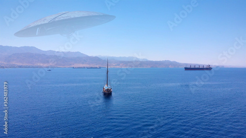 3D RENDERING- Alien ufo Saucers over Red sea with Jordan mountains and ships Drone view with visual effect Elements, 