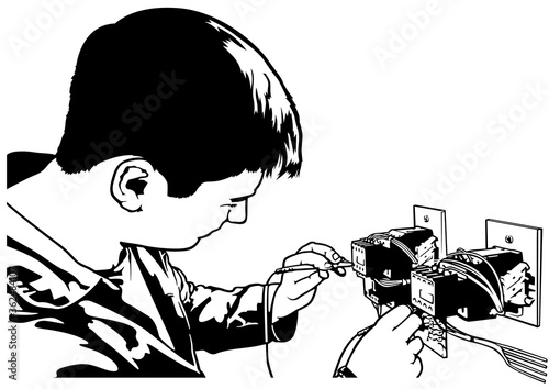 Electrician Tests Electrical Installations and Wires - Black and White Drawing Illustration, Vector Graphic