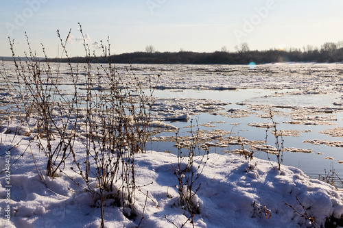 Ice drift on a river with blue high water and big water, white snow broken ice full of hummocks in it and tree branches in the foreground in sunny spring day.